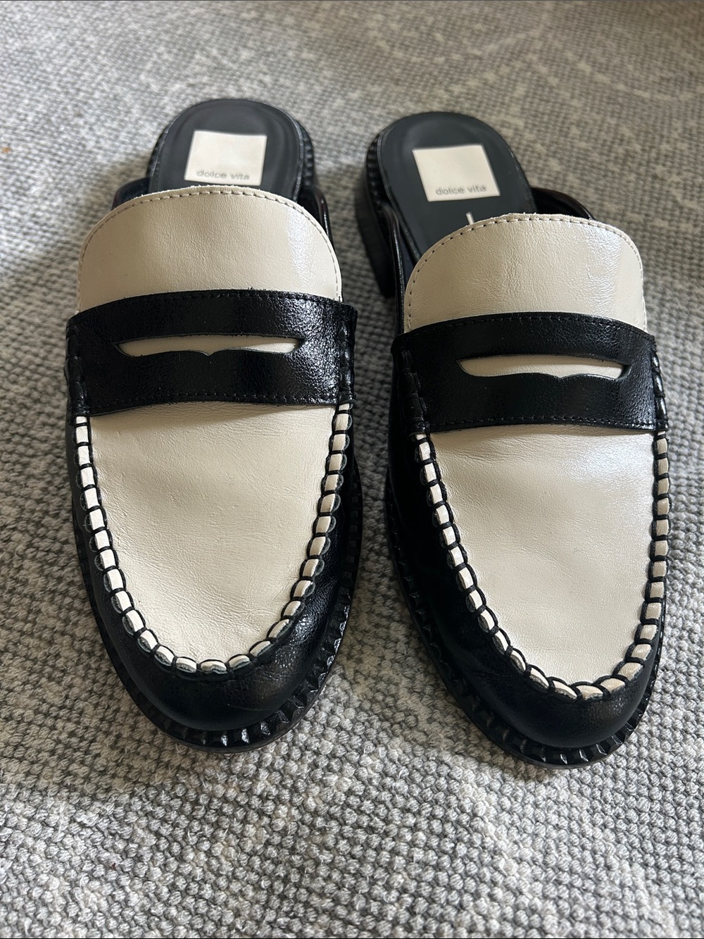 Dolce Vita Black and Cream Leather Penny Loafer Mules